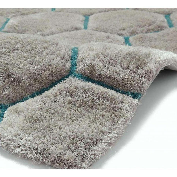 Noble House NH30782 Plush Geometric 3D Hexagon Hand-Carved High-Density Acrylic Shaggy Grey/Blue Rug