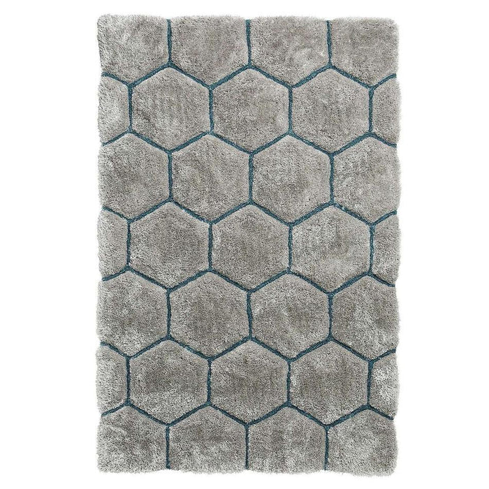 Noble House NH30782 Plush Geometric 3D Hexagon Hand-Carved High-Density Acrylic Shaggy Grey/Blue Rug