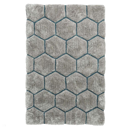 Noble House NH30782 Plush Geometric 3D Hexagon Hand-Carved High-Density Acrylic Shaggy Grey/Blue Rug