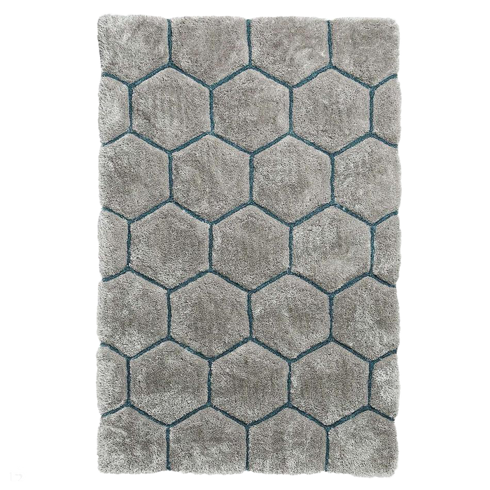 Noble House NH30782 Plush Geometric 3D Hexagon Hand-Carved High-Density Acrylic Shaggy Grey/Blue Rug