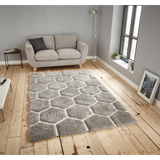 Noble House NH30782 Plush Geometric 3D Hexagon Hand-Carved High-Density Acrylic Shaggy Grey/White Rug