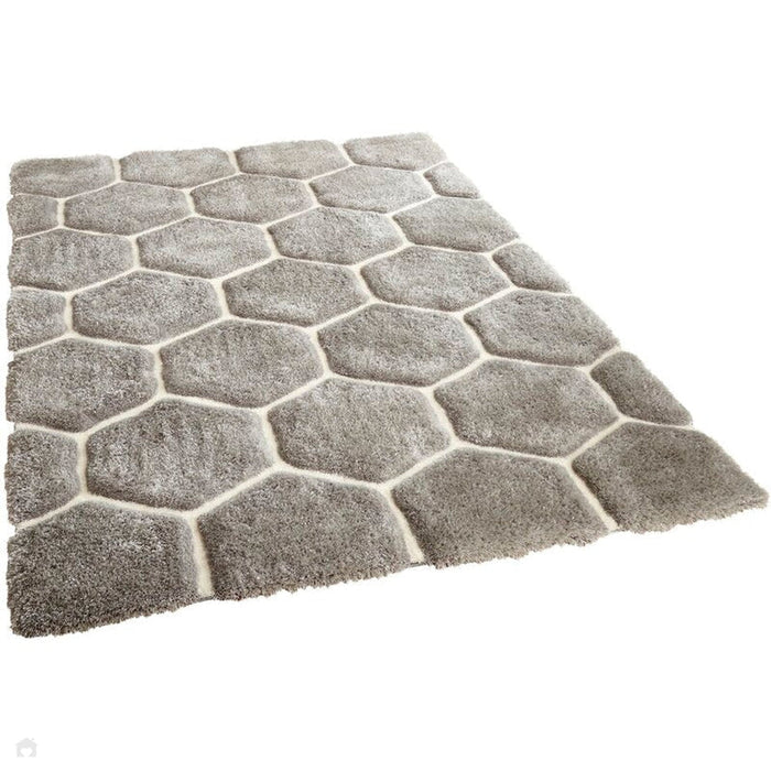 Noble House NH30782 Plush Geometric 3D Hexagon Hand-Carved High-Density Acrylic Shaggy Grey/White Rug