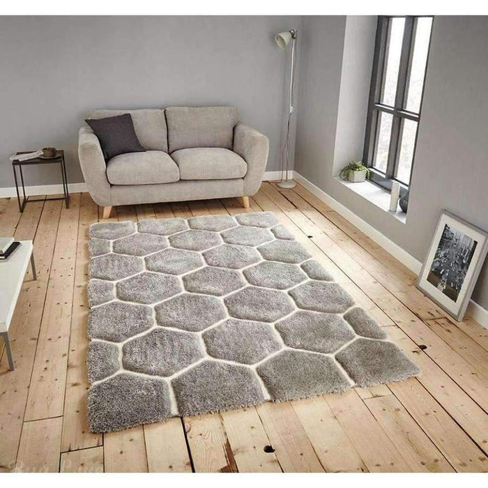 Noble House NH30782 Plush Geometric 3D Hexagon Hand-Carved High-Density Acrylic Shaggy Grey/White Rug