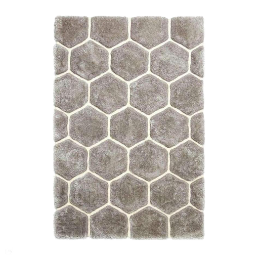 Noble House NH30782 Plush Geometric 3D Hexagon Hand-Carved High-Density Acrylic Shaggy Grey/White Rug