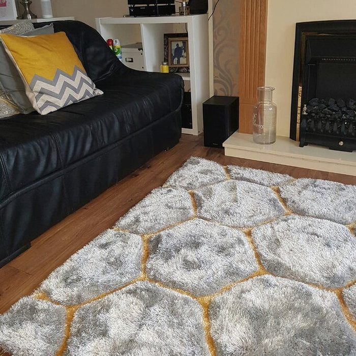 Noble House NH30782 Plush Geometric 3D Hexagon Hand-Carved High-Density Acrylic Shaggy Grey/Yellow Rug