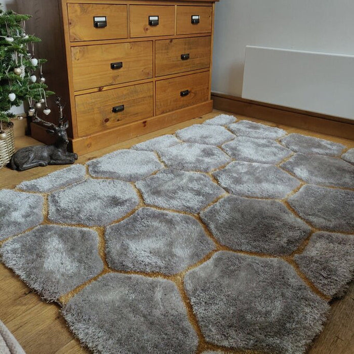 Noble House NH30782 Plush Geometric 3D Hexagon Hand-Carved High-Density Acrylic Shaggy Grey/Yellow Rug