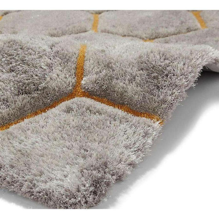 Noble House NH30782 Plush Geometric 3D Hexagon Hand-Carved High-Density Acrylic Shaggy Grey/Yellow Rug