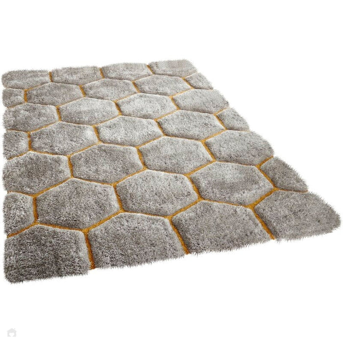 Noble House NH30782 Plush Geometric 3D Hexagon Hand-Carved High-Density Acrylic Shaggy Grey/Yellow Rug