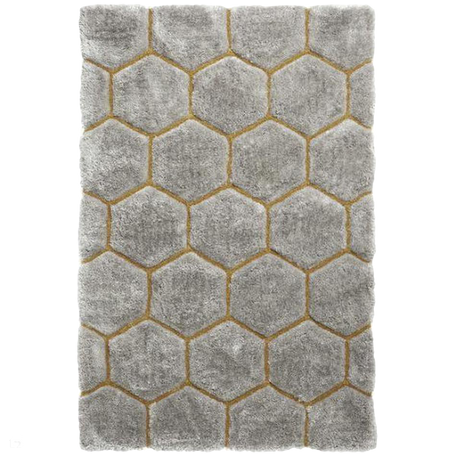 Noble House NH30782 Plush Geometric 3D Hexagon Hand-Carved High-Density Acrylic Shaggy Grey/Yellow Rug