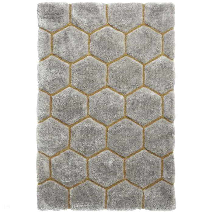 Noble House NH30782 Plush Geometric 3D Hexagon Hand-Carved High-Density Acrylic Shaggy Grey/Yellow Rug