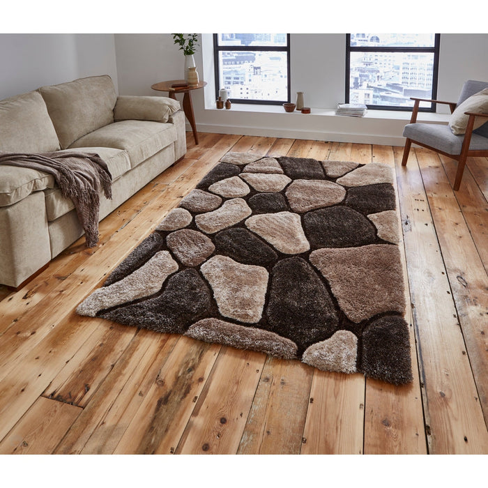 Noble House NH5858 Plush Geometric 3D Pebbles Hand-Carved High-Density Acrylic Shaggy Beige/Brown Rug