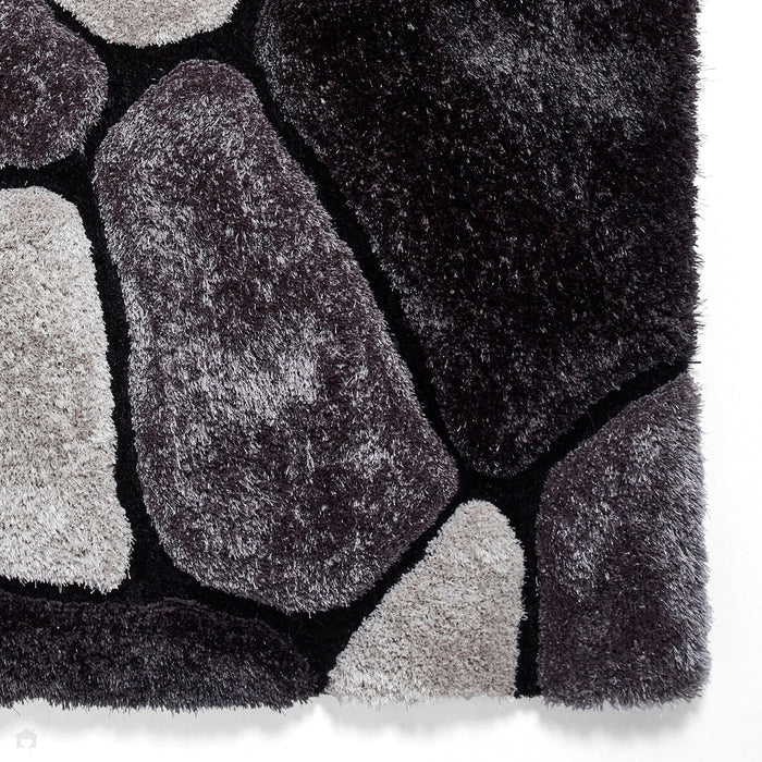 Noble House NH5858 Plush Geometric 3D Pebbles Hand-Carved High-Density Acrylic Shaggy Black/Grey Rug