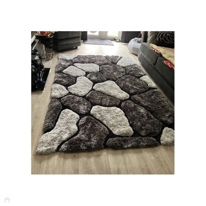 Noble House NH5858 Plush Geometric 3D Pebbles Hand-Carved High-Density Acrylic Shaggy Black/Grey Rug