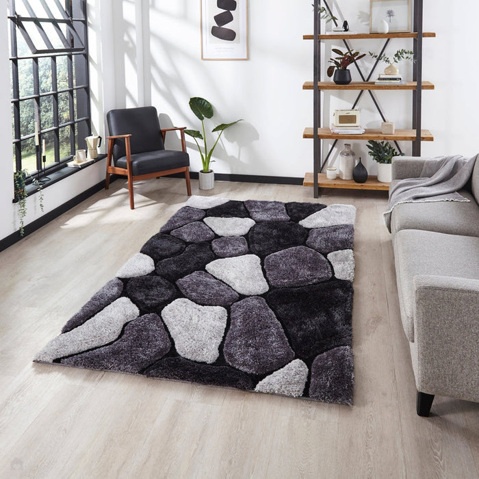 Noble House NH5858 Plush Geometric 3D Pebbles Hand-Carved High-Density Acrylic Shaggy Black/Grey Rug