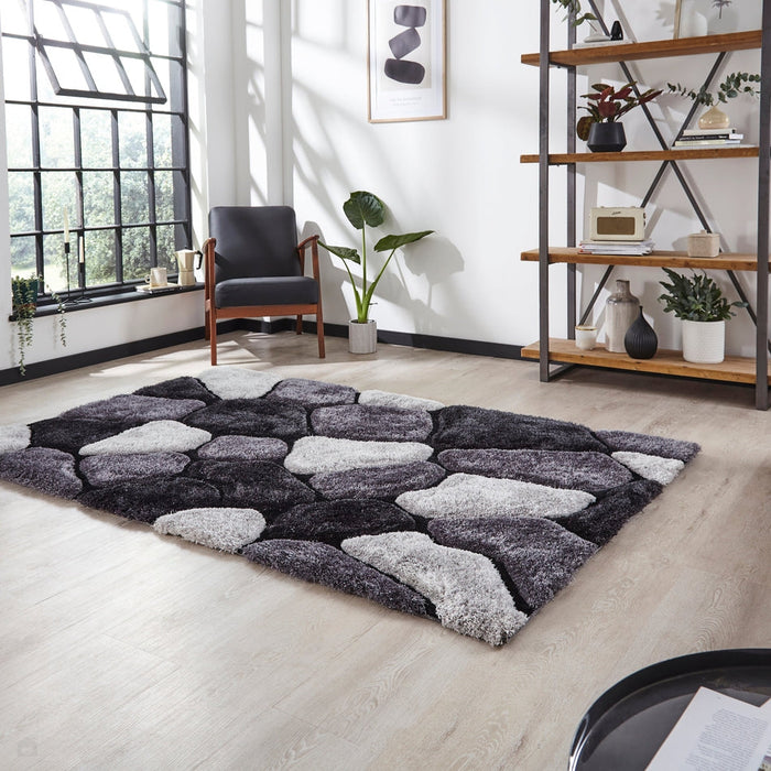 Noble House NH5858 Plush Geometric 3D Pebbles Hand-Carved High-Density Acrylic Shaggy Black/Grey Rug