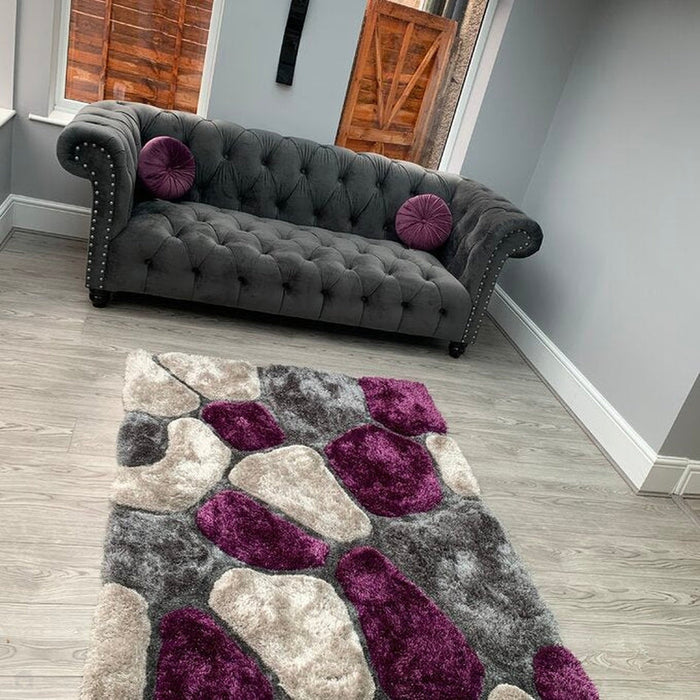 Noble House NH5858 Plush Geometric 3D Pebbles Hand-Carved High-Density Acrylic Shaggy Grey/Purple Rug