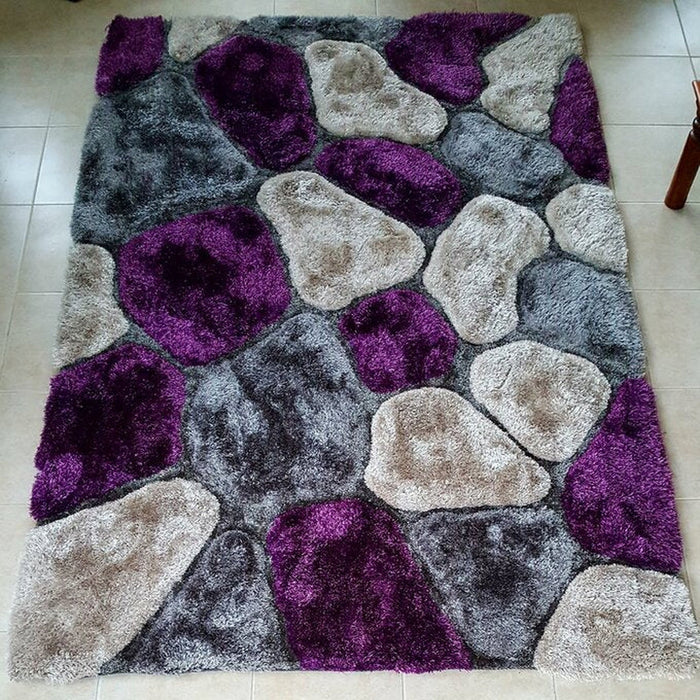 Noble House NH5858 Plush Geometric 3D Pebbles Hand-Carved High-Density Acrylic Shaggy Grey/Purple Rug