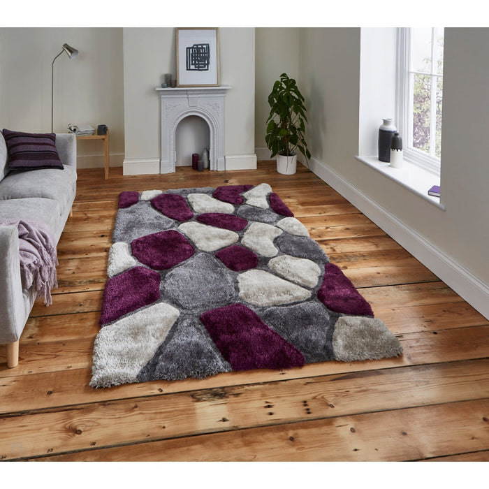 Noble House NH5858 Plush Geometric 3D Pebbles Hand-Carved High-Density Acrylic Shaggy Grey/Purple Rug