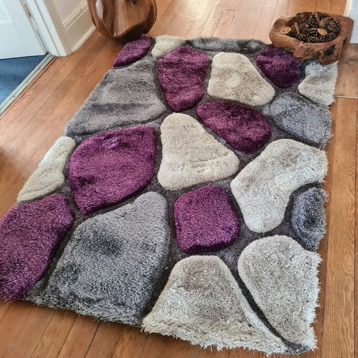 Noble House NH5858 Plush Geometric 3D Pebbles Hand-Carved High-Density Acrylic Shaggy Grey/Purple Rug