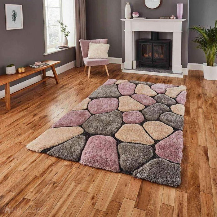 Noble House NH5858 Plush Geometric 3D Pebbles Hand-Carved High-Density Acrylic Shaggy Grey/Rose Rug