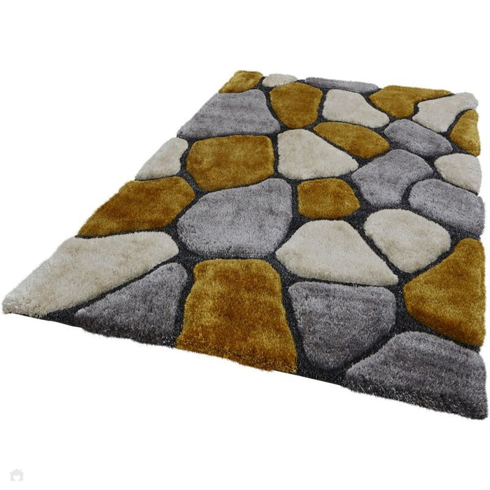 Noble House NH5858 Plush Geometric 3D Pebbles Hand-Carved High-Density Acrylic Shaggy Grey/Yellow Rug