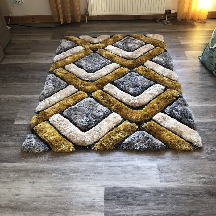 Noble House NH8199 Plush Geometric 3D Chevron Hand-Carved High-Density Acrylic Shaggy Grey/Yellow Rug