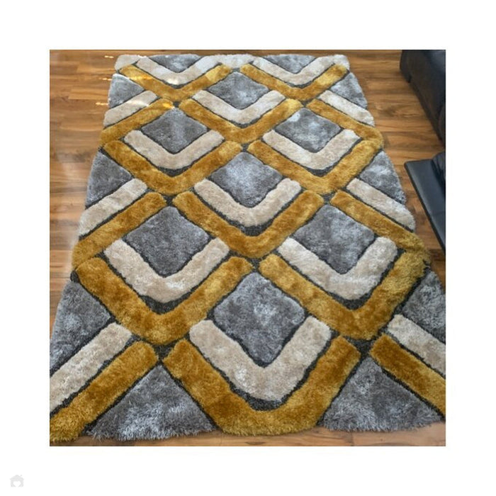 Noble House NH8199 Plush Geometric 3D Chevron Hand-Carved High-Density Acrylic Shaggy Grey/Yellow Rug