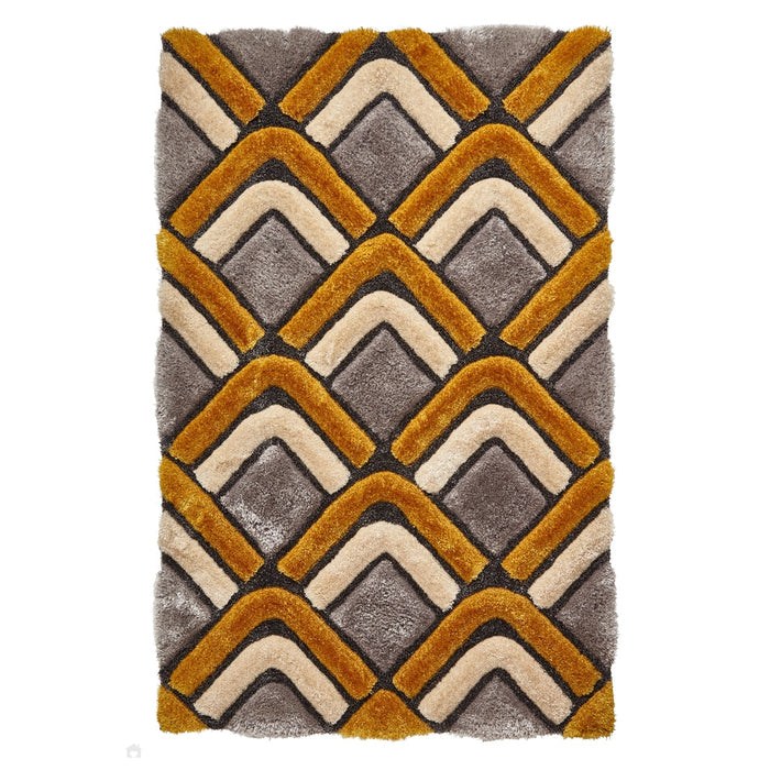 Noble House NH8199 Plush Geometric 3D Chevron Hand-Carved High-Density Acrylic Shaggy Grey/Yellow Rug