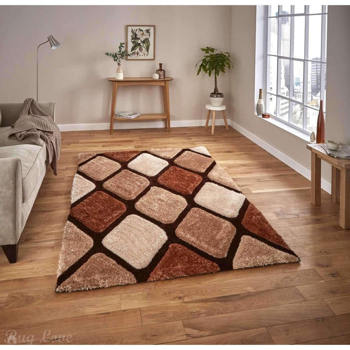 Noble House NH9247 Plush Geometric 3D Diamond Hand-Carved High-Density Acrylic Shaggy Beige/Brown Rug