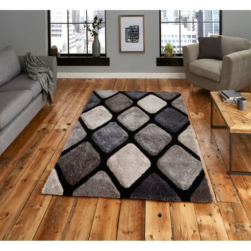 Noble House NH9247 Plush Geometric 3D Diamond Hand-Carved High-Density Acrylic Shaggy Black/Grey Rug