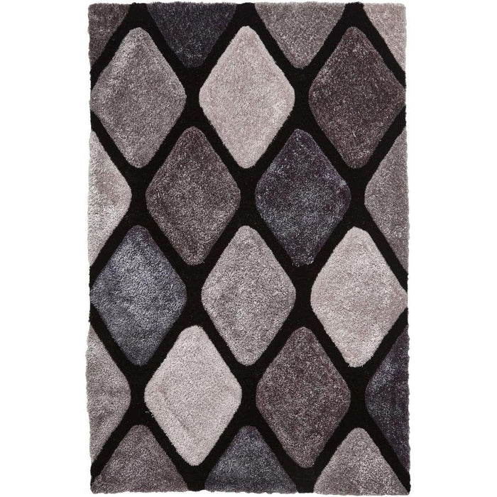 Noble House NH9247 Plush Geometric 3D Diamond Hand-Carved High-Density Acrylic Shaggy Black/Grey Rug