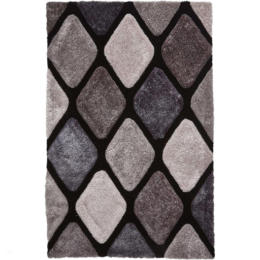 Noble House NH9247 Plush Geometric 3D Diamond Hand-Carved High-Density Acrylic Shaggy Black/Grey Rug