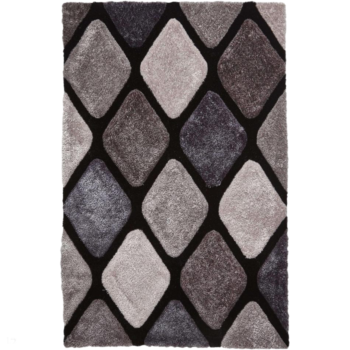 Noble House NH9247 Plush Geometric 3D Diamond Hand-Carved High-Density Acrylic Shaggy Black/Grey Rug