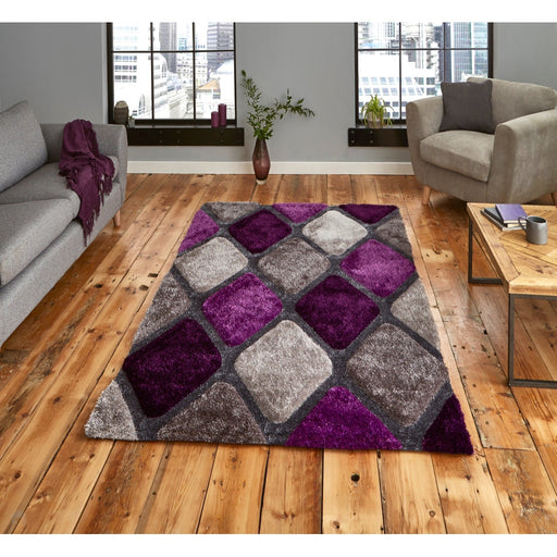 Noble House NH9247 Plush Geometric 3D Diamond Hand-Carved High-Density Acrylic Shaggy Grey/Purple Rug