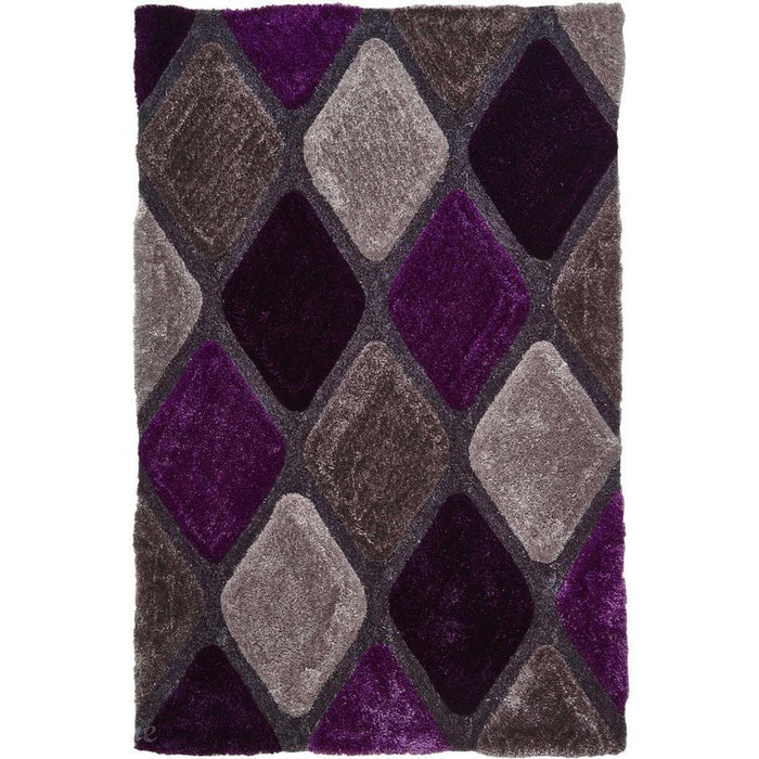 Noble House NH9247 Plush Geometric 3D Diamond Hand-Carved High-Density Acrylic Shaggy Grey/Purple Rug