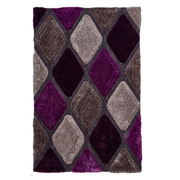 Noble House NH9247 Plush Geometric 3D Diamond Hand-Carved High-Density Acrylic Shaggy Grey/Purple Rug