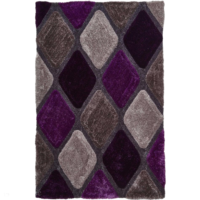 Noble House NH9247 Plush Geometric 3D Diamond Hand-Carved High-Density Acrylic Shaggy Grey/Purple Rug