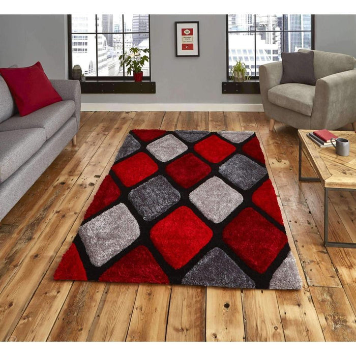 Noble House NH9247 Plush Geometric 3D Diamond Hand-Carved High-Density Acrylic Shaggy Grey/Red Rug