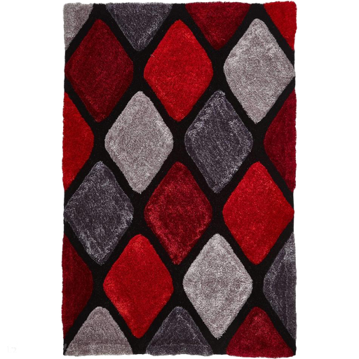 Noble House NH9247 Plush Geometric 3D Diamond Hand-Carved High-Density Acrylic Shaggy Grey/Red Rug