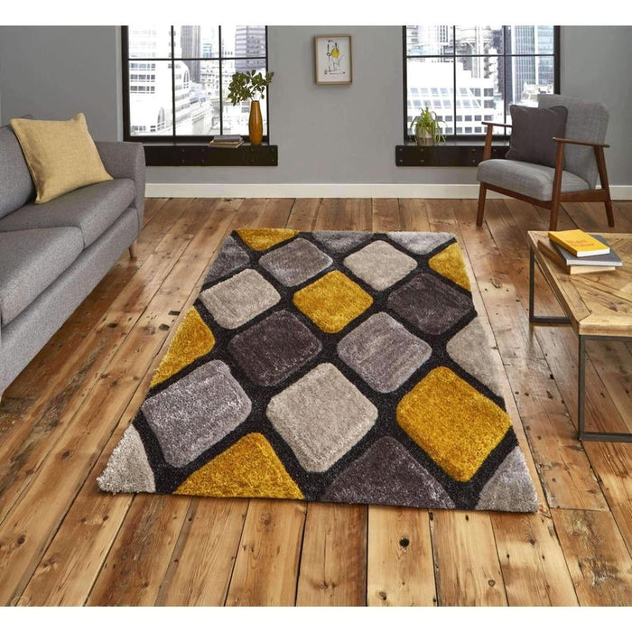 Noble House NH9247 Plush Geometric 3D Diamond Hand-Carved High-Density Acrylic Shaggy Grey/Yellow Rug