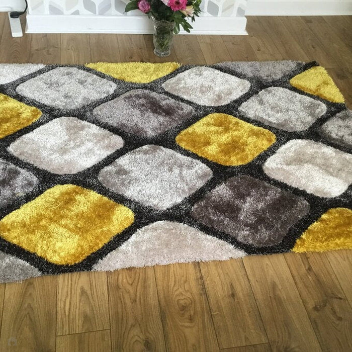 Noble House NH9247 Plush Geometric 3D Diamond Hand-Carved High-Density Acrylic Shaggy Grey/Yellow Rug