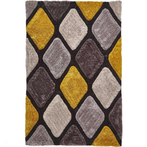 Noble House NH9247 Plush Geometric 3D Diamond Hand-Carved High-Density Acrylic Shaggy Grey/Yellow Rug