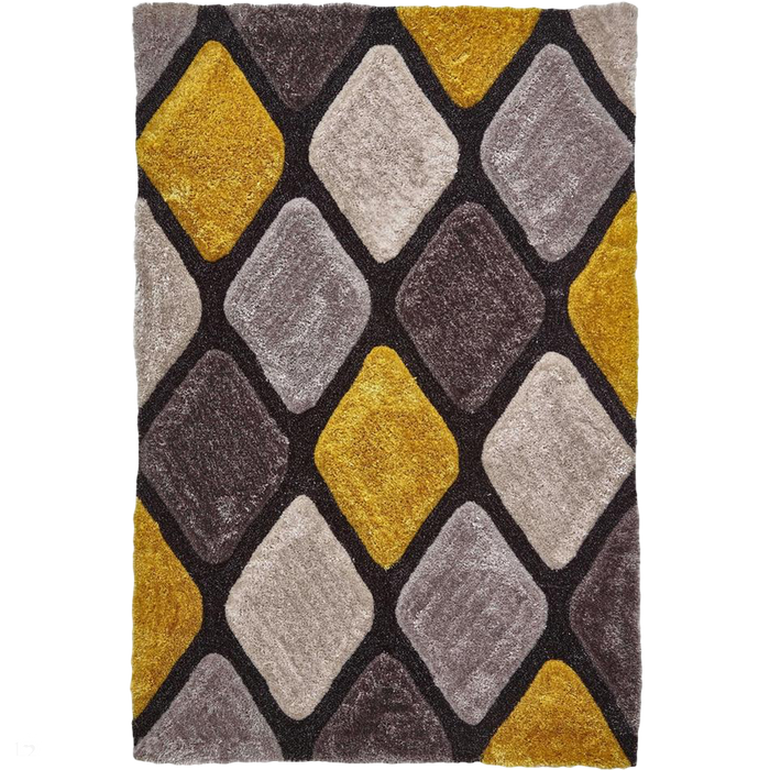 Noble House NH9247 Plush Geometric 3D Diamond Hand-Carved High-Density Acrylic Shaggy Grey/Yellow Rug