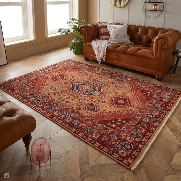 Nomad 4150 V Traditional Persian Medallion Border Wool Rust/Terra/Red/Multicolour Low Flat-Pile Rug