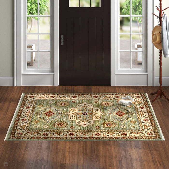 Nomad 532 L Traditional Persian Medallion Border Wool Green/Multicolour Low Flat-Pile Rug