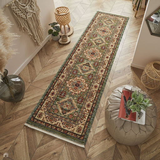 Nomad 532 L Traditional Persian Medallion Border Wool Green/Multicolour Low Flat-Pile Runner