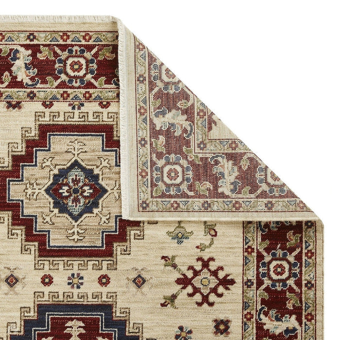 Nomad 5561 J Traditionele Perzische Medaillonrand Wol Beige/Rood/Blauw/Meerkleurig Laag Platpolig Tapijt