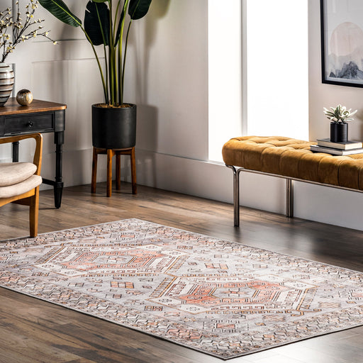 Nordic Emblems Machine Washable Rug in Brick Color