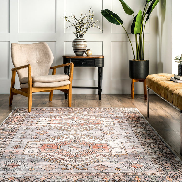 Nordic Emblems Machine Washable Rug in Brick Color