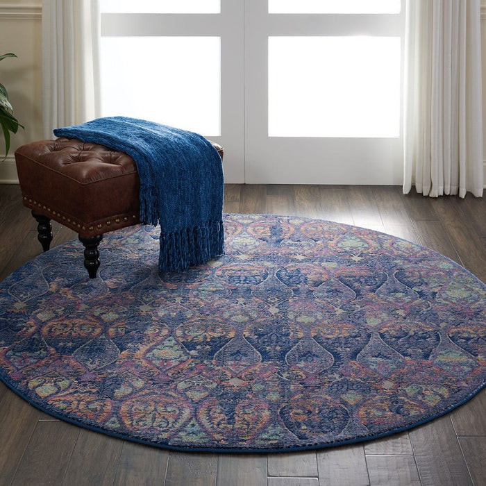 Nourison Ankara ANR08 marineblauw rond vloerkleed met meerdere cirkels